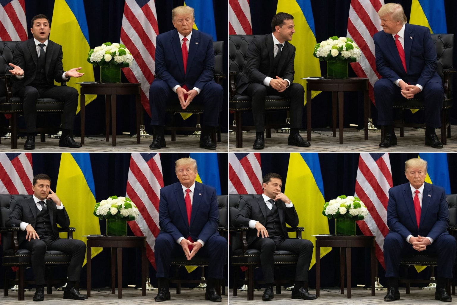 U.S. President Donald Trump speaks with Ukrainian President Volodymyr Zelensky during a meeting on the sidelines of the United Nations General Assembly in New York, United States, on Sept. 25, 2019.