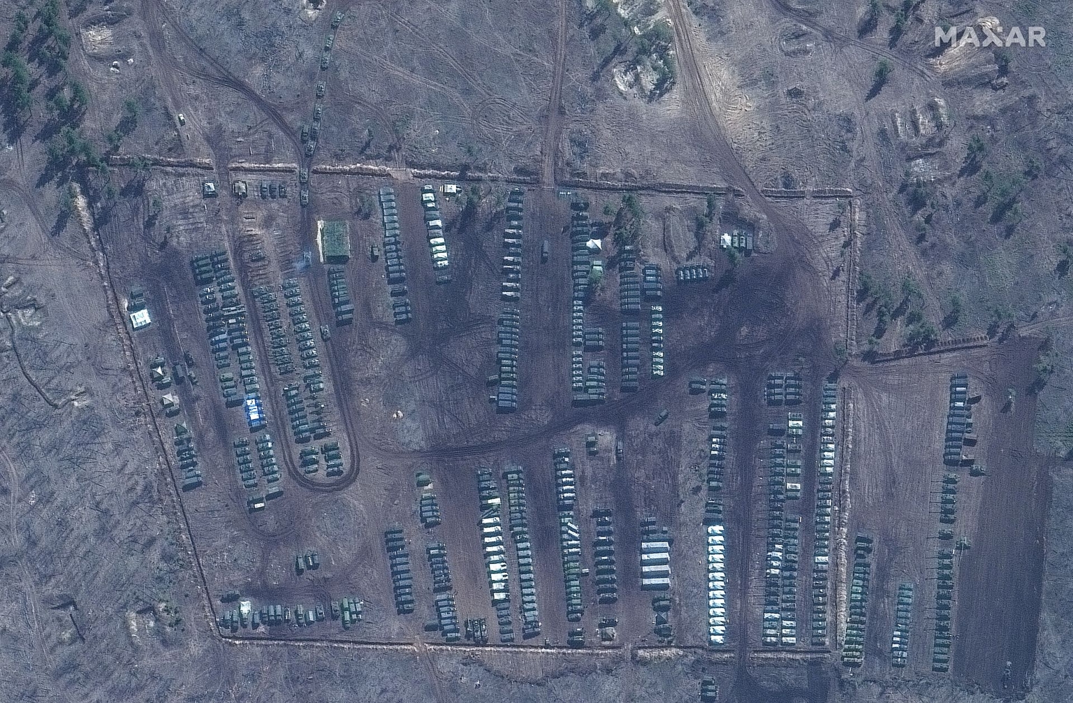 Satellite image of Russian tanks and equipment at Pogorovo training area near Voronezh, Russia, on April 10, 2021.