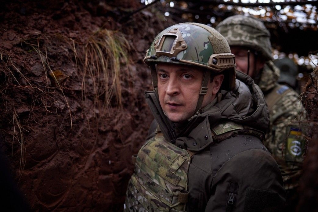 President Volodymyr Zelensky visits the front-line positions of Ukrainian military in Donbas, Ukraine, on Dec. 6, 2021.