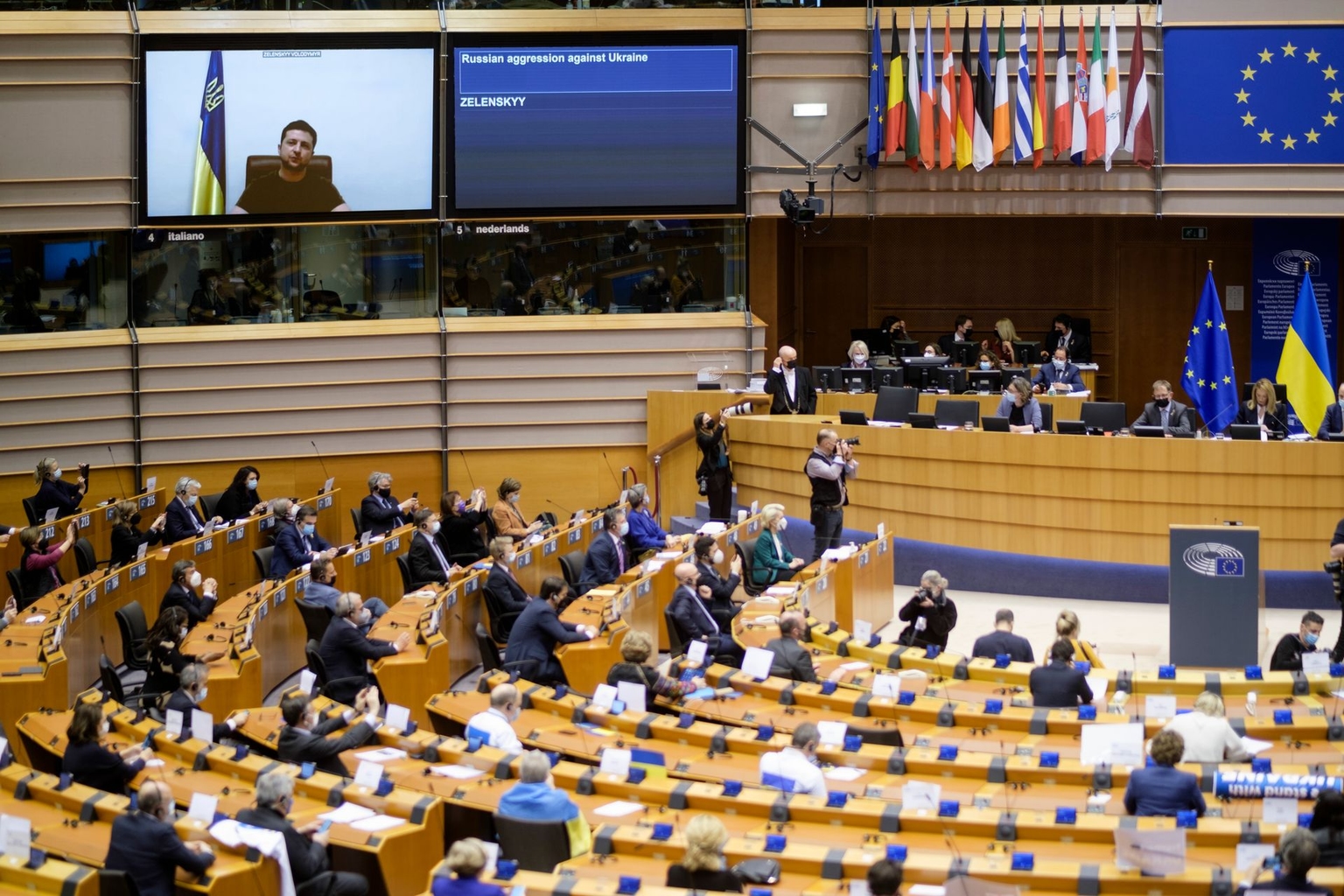 President Volodymyr Zelensky addresses the European Parliament in Brussels, Belgium, on March 1, 2022.