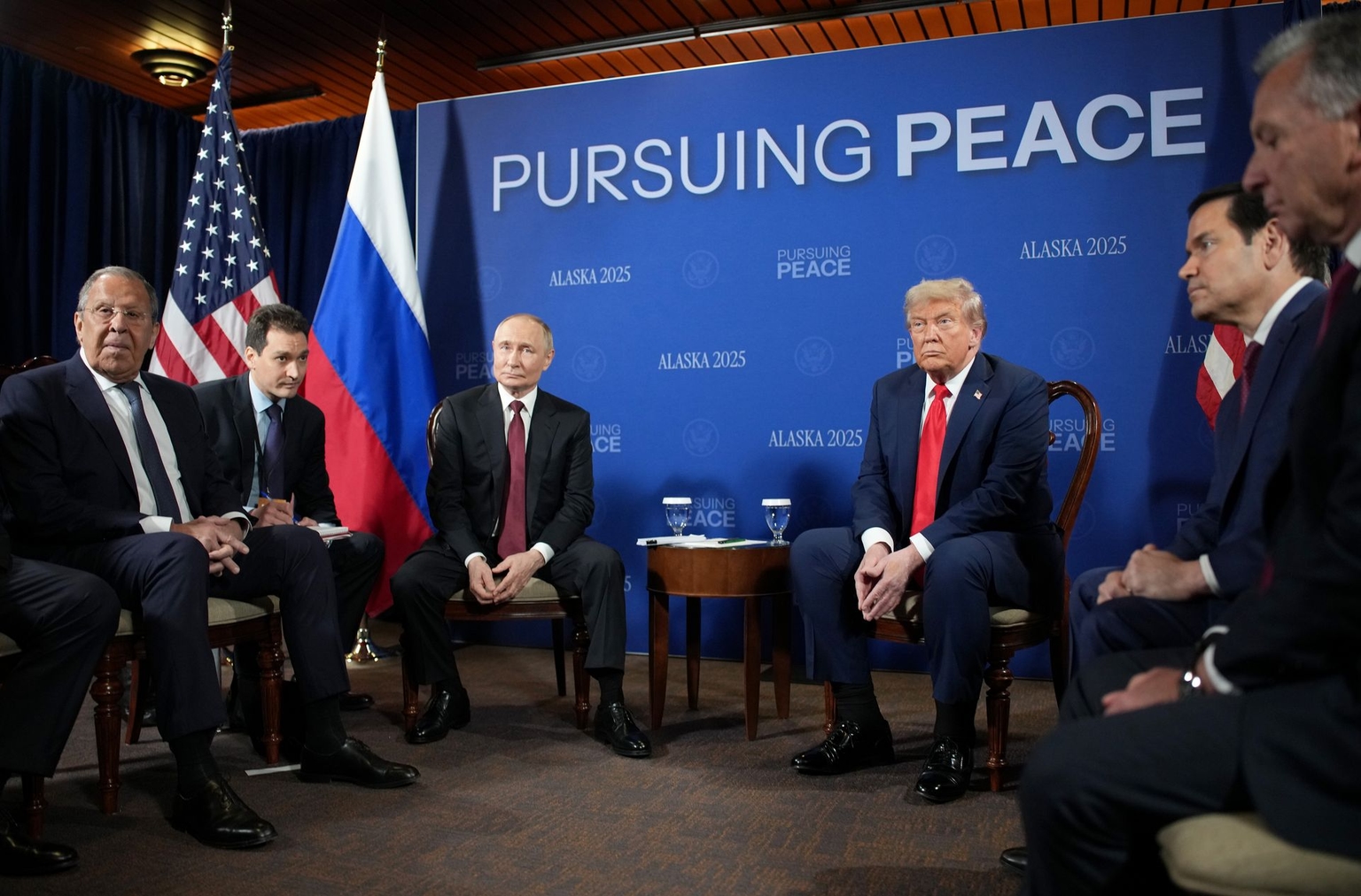 Russian President Vladimir Putin (L) and U.S. President Donald Trump (R) in Anchorage, Alaska, on Aug. 15, 2025.