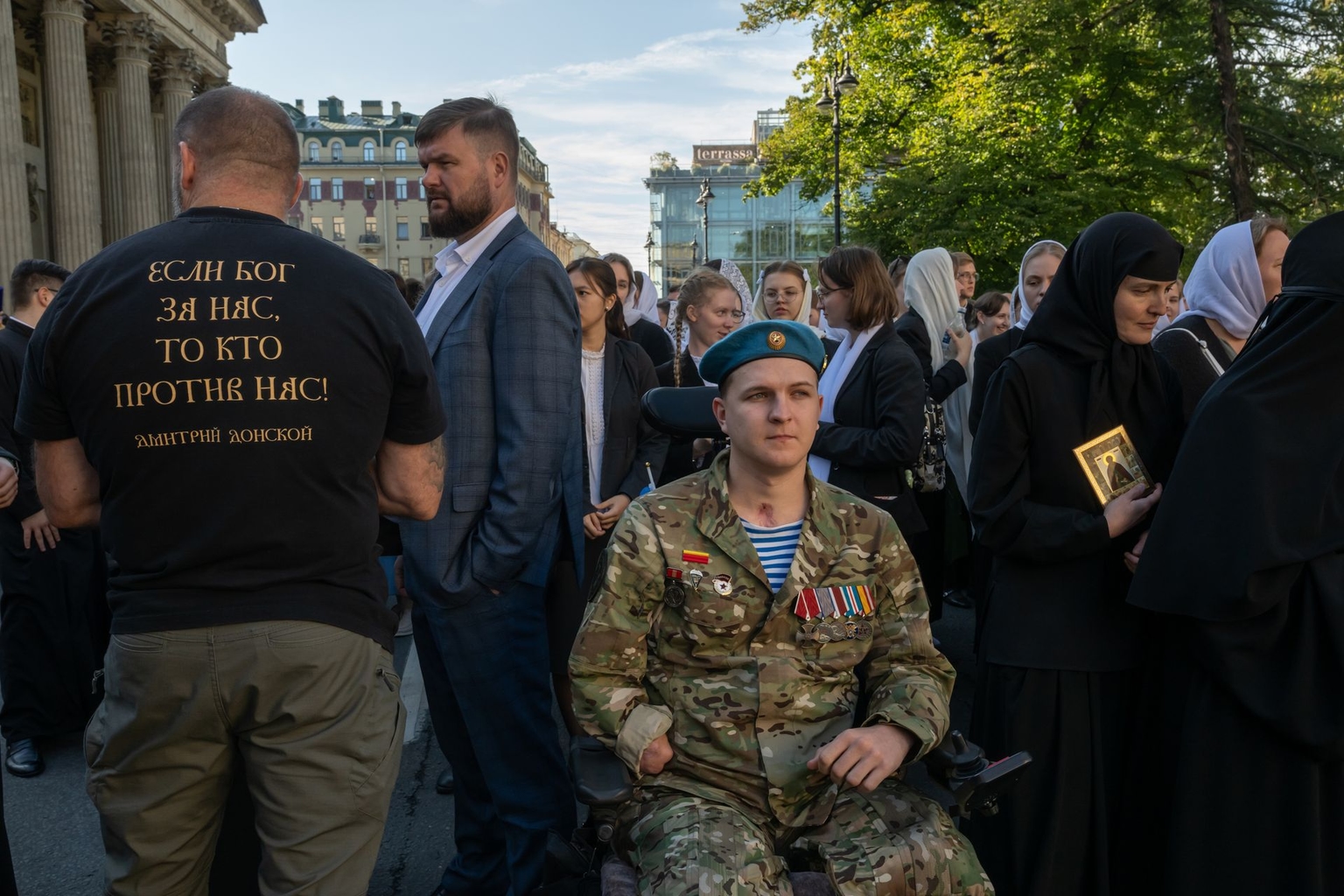 A russian veteran of the Russian invasion of Ukraine in a wheelchair in Saint Petersburg, Russia, on Sept. 12, 2025.