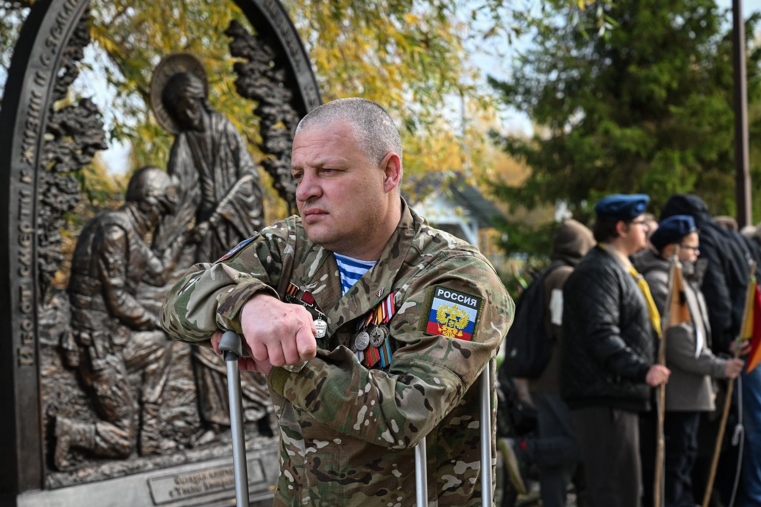 A veteran of the Russian invasion of Ukraine attends in the Moscow region, Russia, on Oct. 12, 2025.