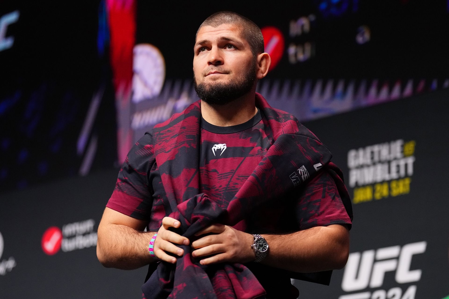 Khabib Nurmagomedov is seen during the UFC 324 ceremonial weigh-in at T-Mobile Arena in Las Vegas, United States, on Jan. 23, 2026.
