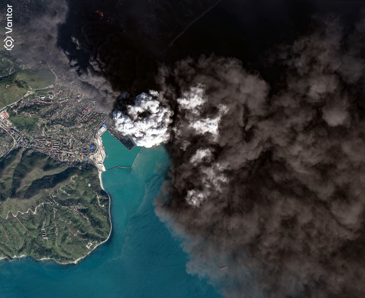 smoke rising from oil storage tanks at the Tuapse oil refinery in Tuapse, Russia, on April 16, 2026.