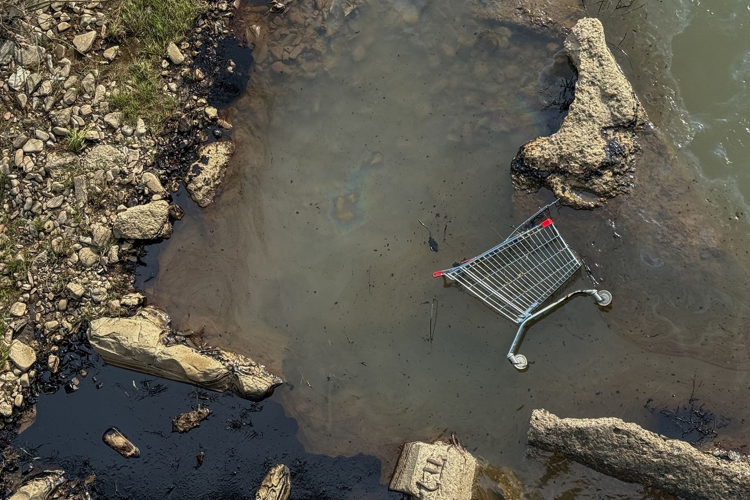 An oil spill is visible in a river following a drone attack on the Tuapse oil refinery in the Krasnodar region, Russia on April 29, 2026.