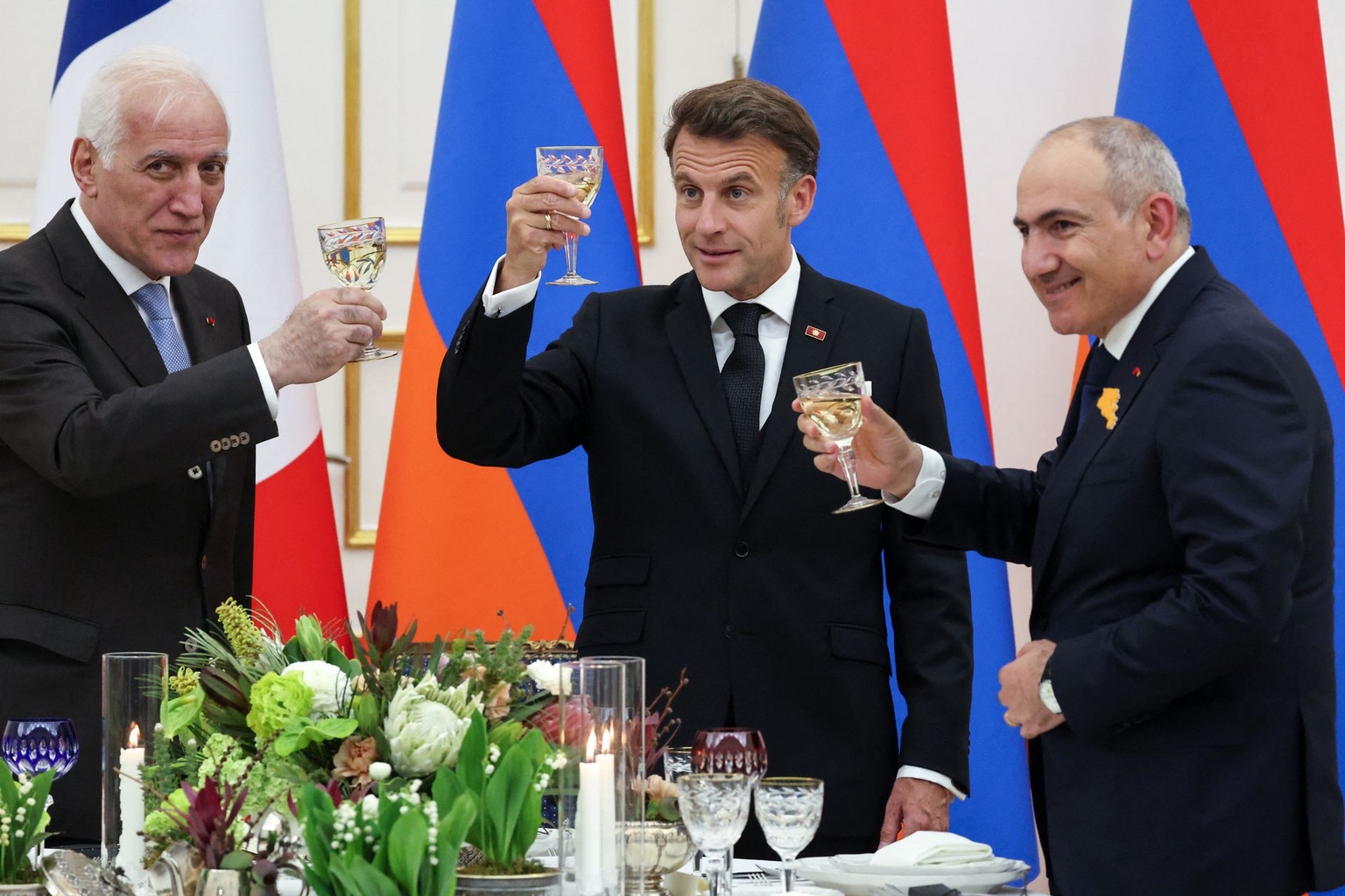 Armenian President Khachaturyan, French President Macron, and Armenian Prime Minister Pashinyan in Yerevan, Armenia, on May 4, 2026.