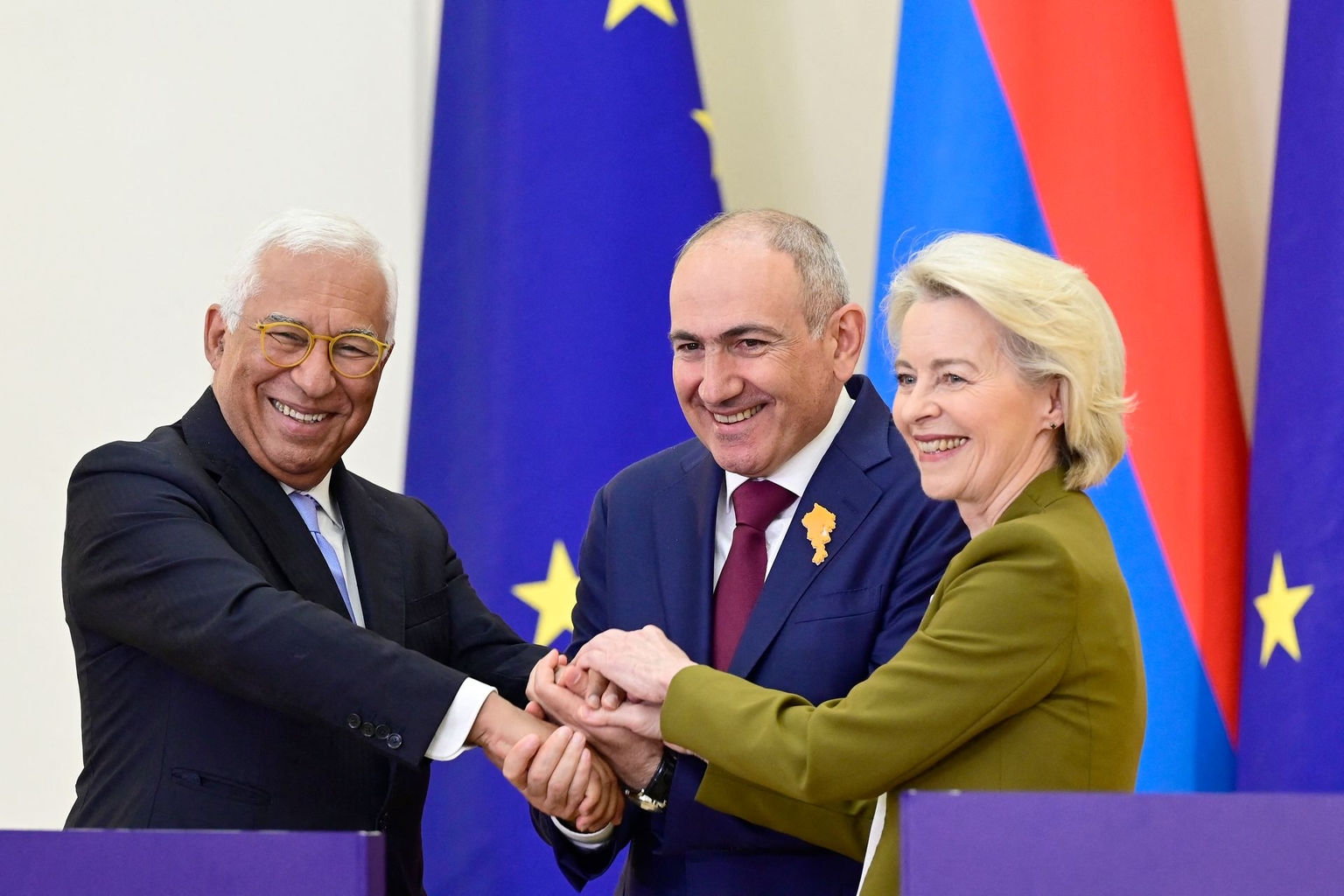Armenian Prime Minister Nikol Pashinyan, European Commission President Ursula von der Leyen, and European Council President Antonio Costa in Yerevan, Armenia, on May 5, 2026