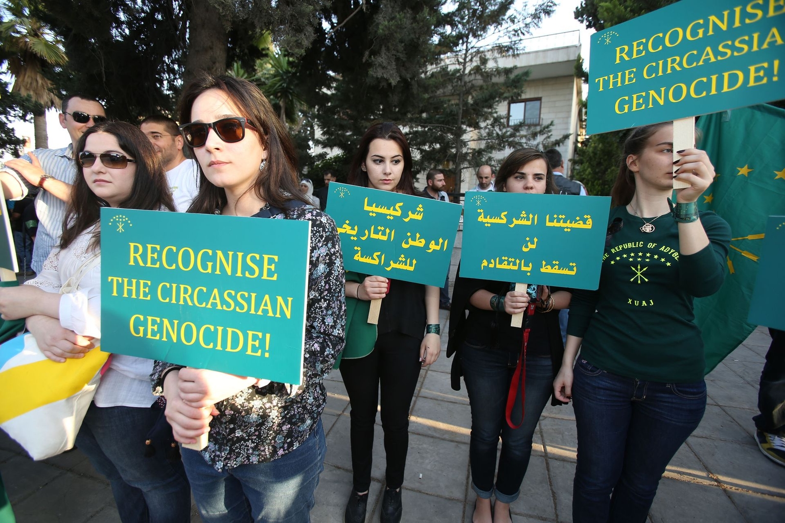 Circassians protest in front of the Russian embassy in Amman, Jordan, on May 21, 2015