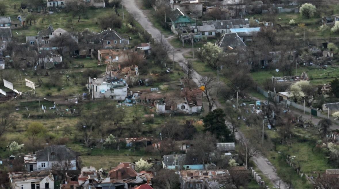 An aerial view of Oleshky, a Russian-occupied town in Kherson Oblast, Ukraine in a photo published on May 2, 2026.