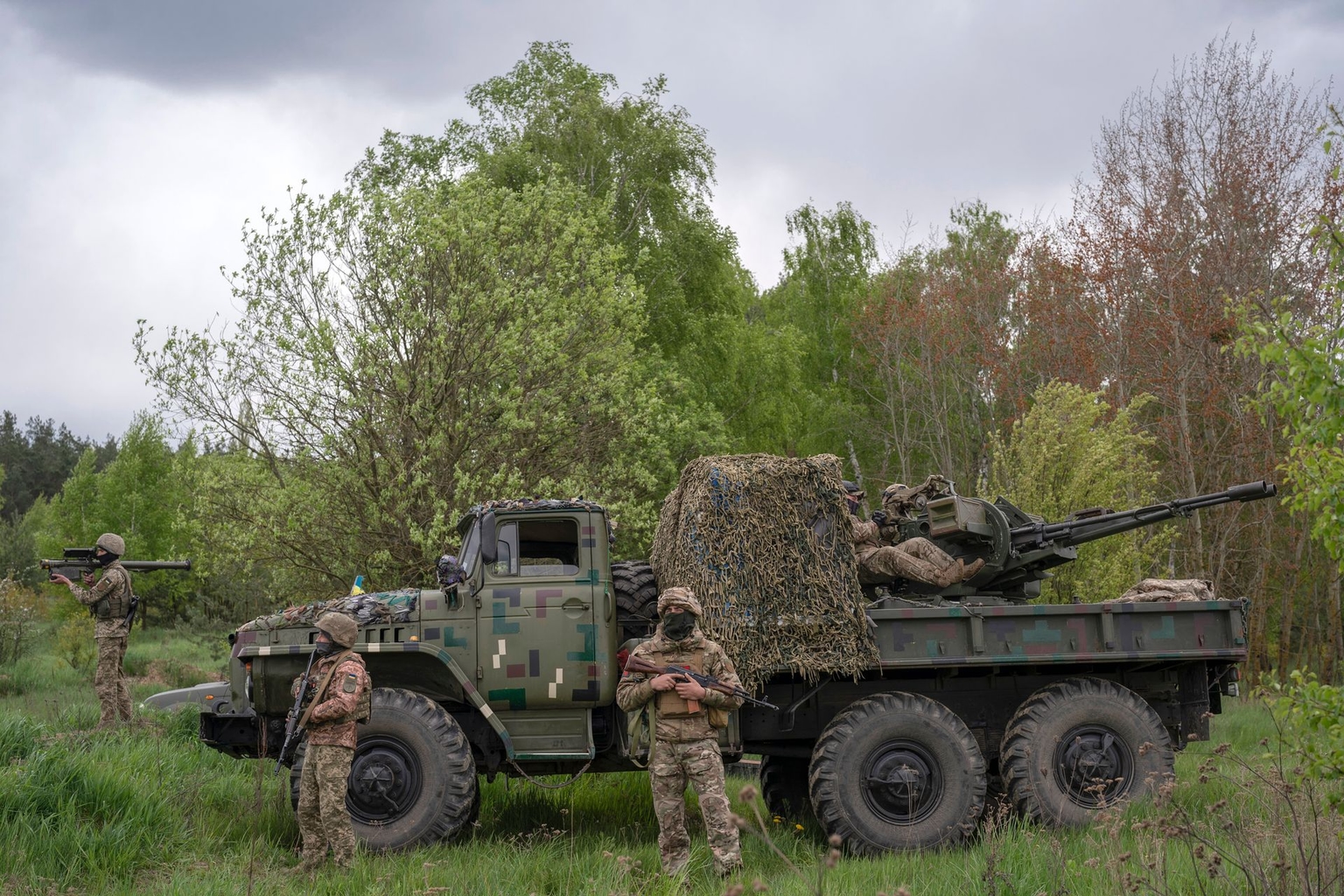Members of a Ukrainian air defense unit demonstrate their work near Kyiv, Ukraine, on May 8, 2023.