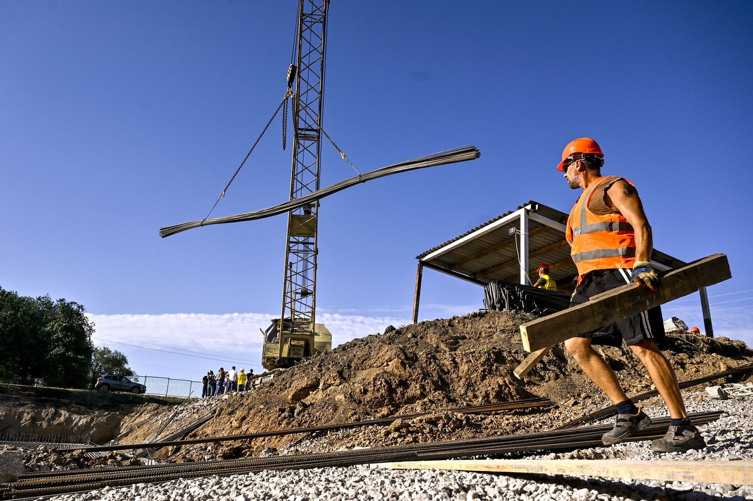A builder works at an underground school construction site in Shyroke, Zaporizhzhia Oblast, Ukraine, on Aug. 15, 2024.
