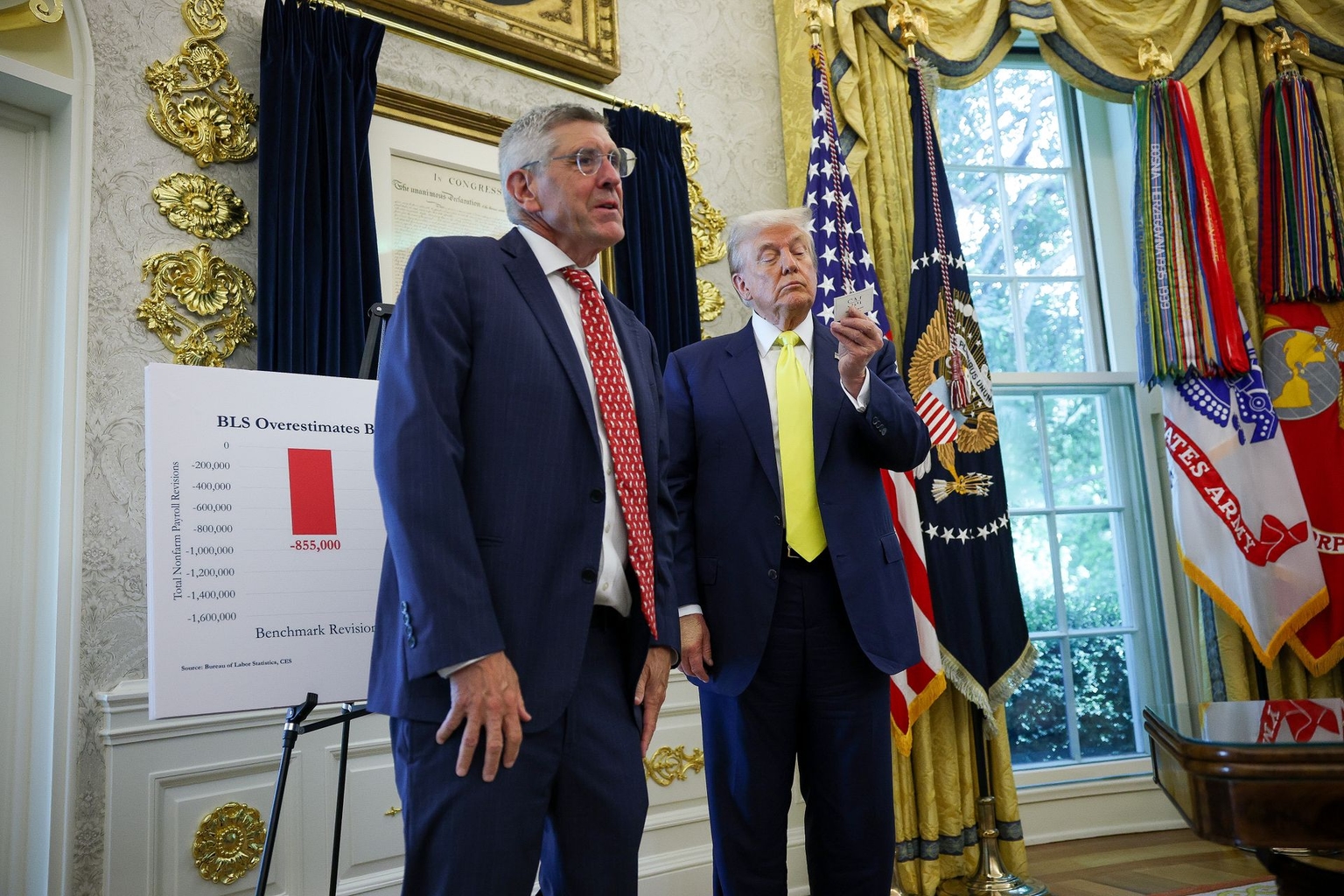 Stephen Moore (L) and U.S. President Donald Trump (R) speak in the Oval Office in Washington, D.C., U.S. on Aug. 7, 2025.