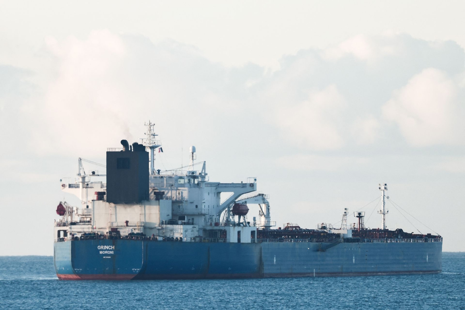The oil tanker Grinch, suspected of belonging to Russia's shadow fleet, is seen near the port of Marseille-Fos, France, under surveillance by the French Navy, on Jan. 25, 2026.