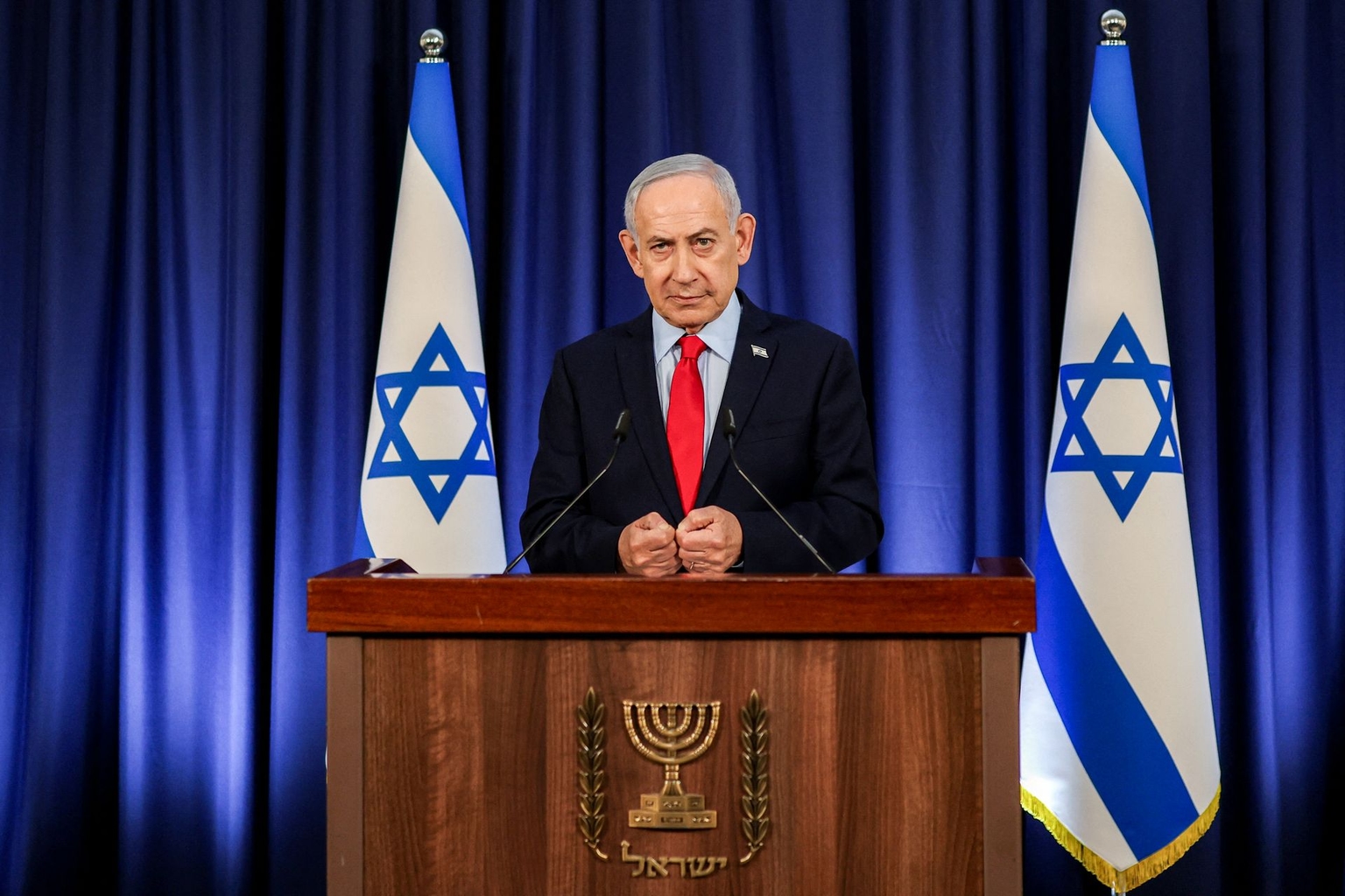 Israeli Prime Minister Benjamin Netanyahu speaks during a press conference in Jerusalem, Israel, on March 19, 2026.