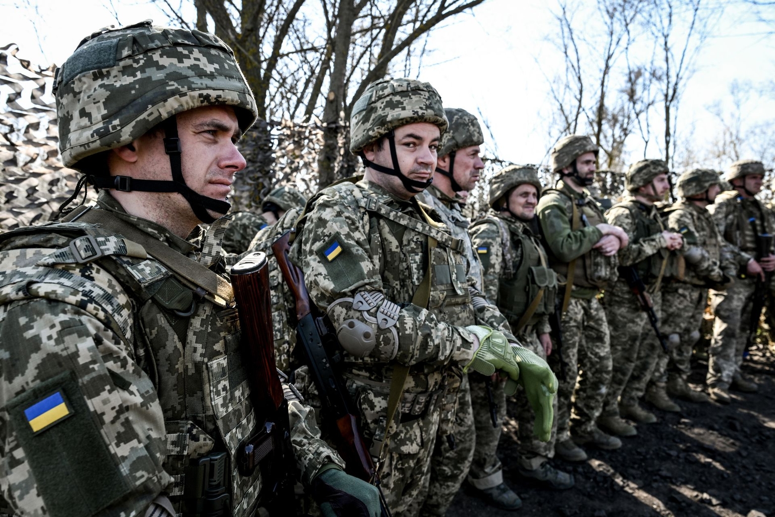 Recruits line up on Day Zero of Basic Military Training at the 118th Separate Mechanized Brigade of the Ukrainian Armed Forces on April 5, 2026.