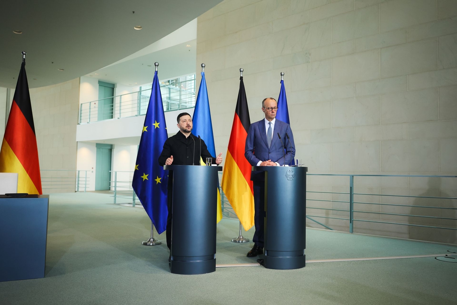 German Chancellor Friedrich Merz (R) and President Volodymyr Zelensky (L) in Berlin, Germany, on April 14, 2026.
