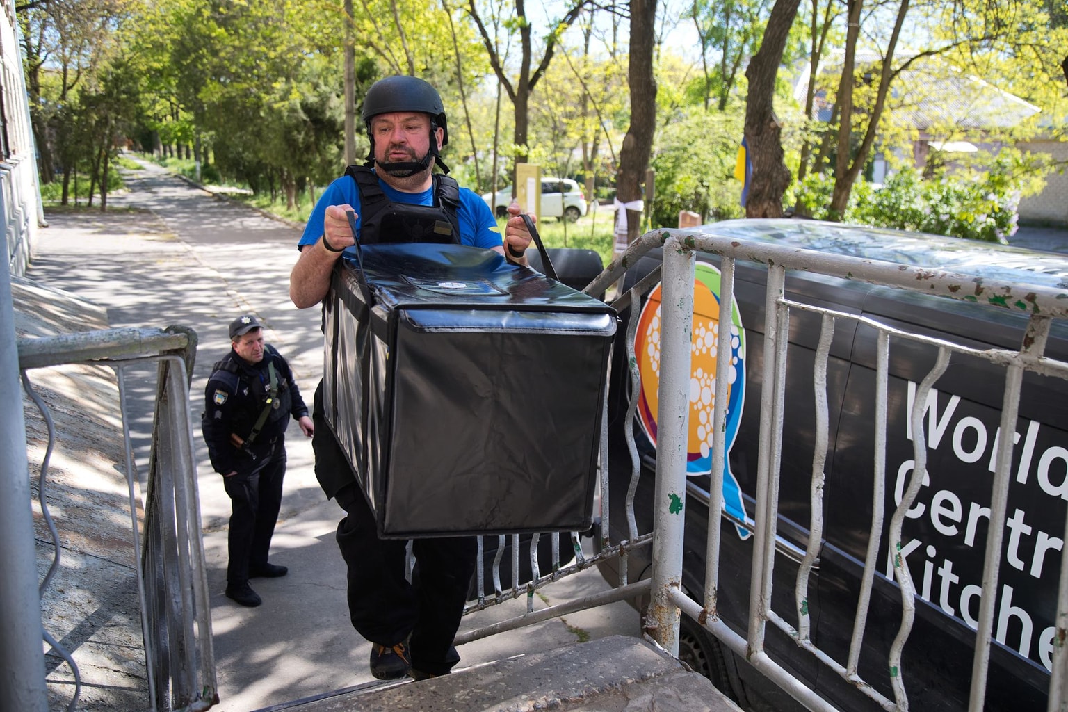 Vitaly, a World Central Kitchen driver, delivers meals to a shelter in Kherson, Ukraine, on May 5, 2026.