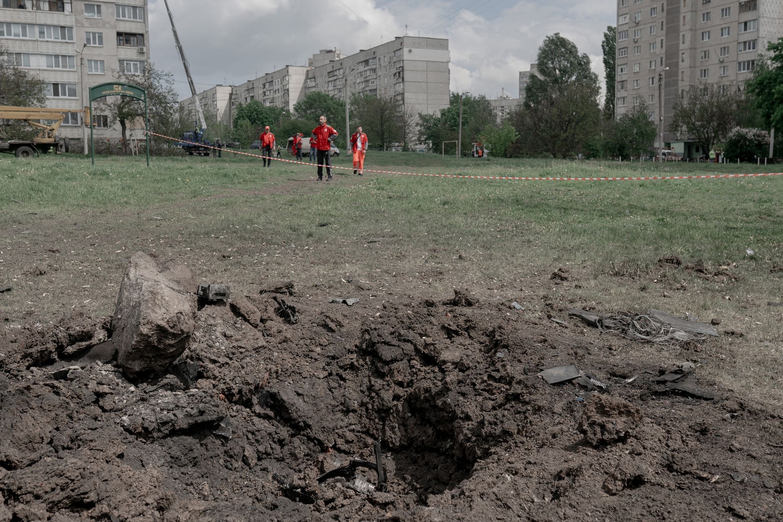 A crater from a Russian drone strike remains in the Saltivka residential district in Kharkiv, Ukraine, on May 14, 2026.