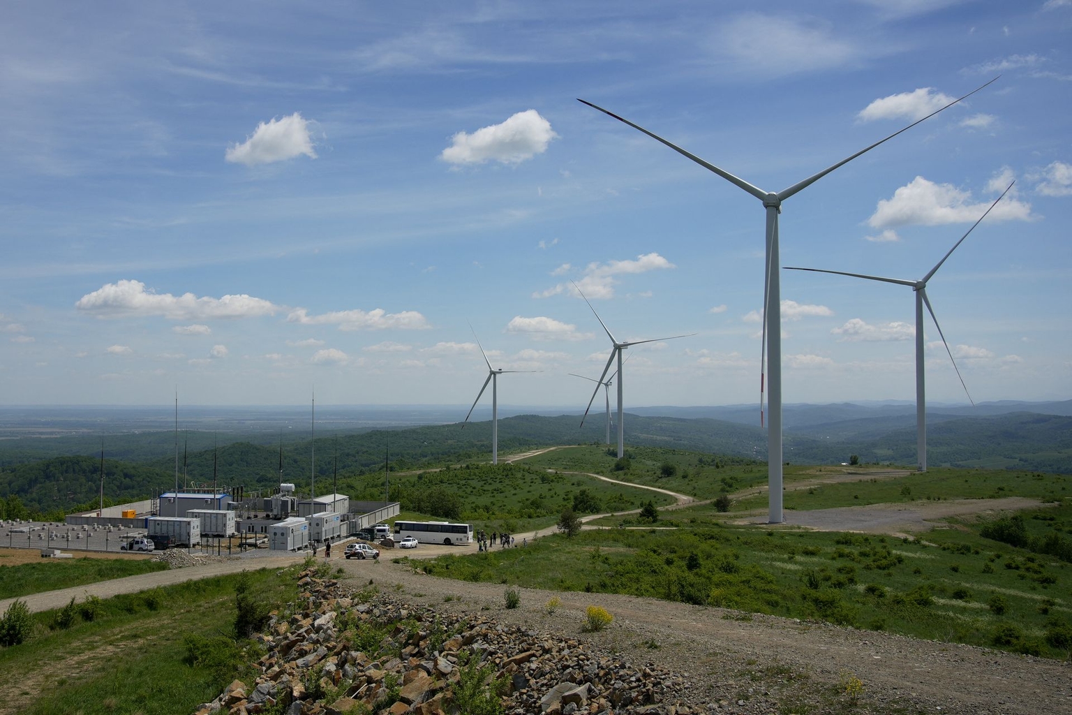 Wind turbines are seen at the Orivska Wind Farm near Oriv, Lviv Oblast, Ukraine, on May 25, 2026.