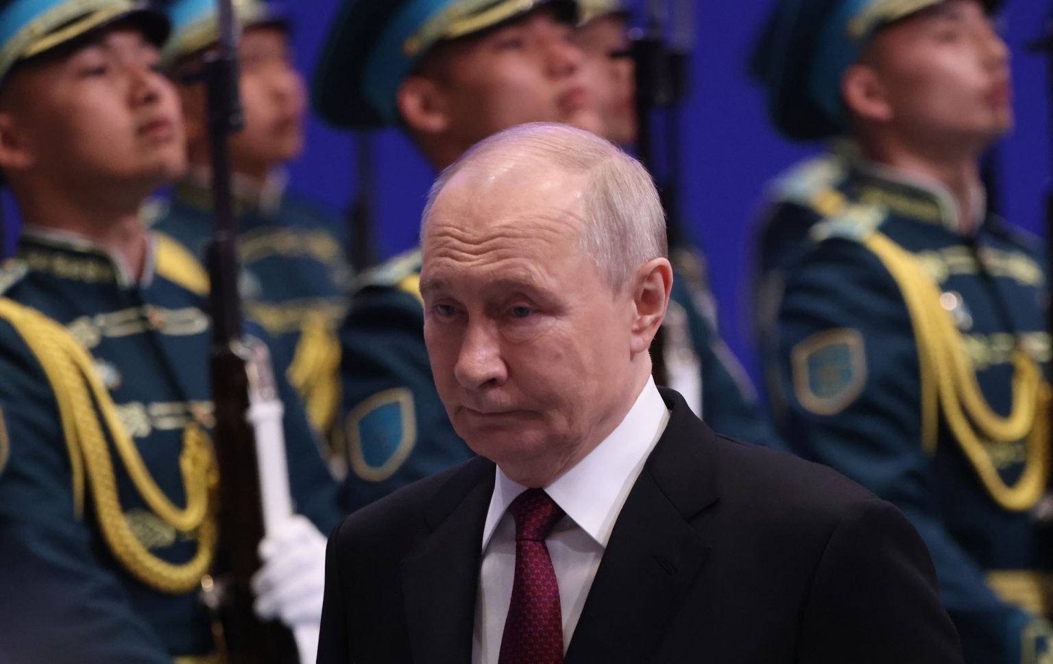 Russian President Vladimir Putin attends a welcoming ceremony at the Palace of Independence in Astana, Kazakhstan, on May 28, 2026.