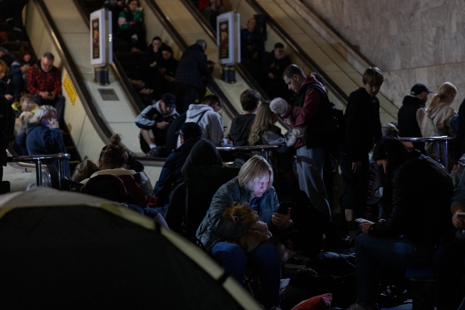 People take shelter at a metro station during an air raid alert in Kyiv, Ukraine, on June 2, 2026.