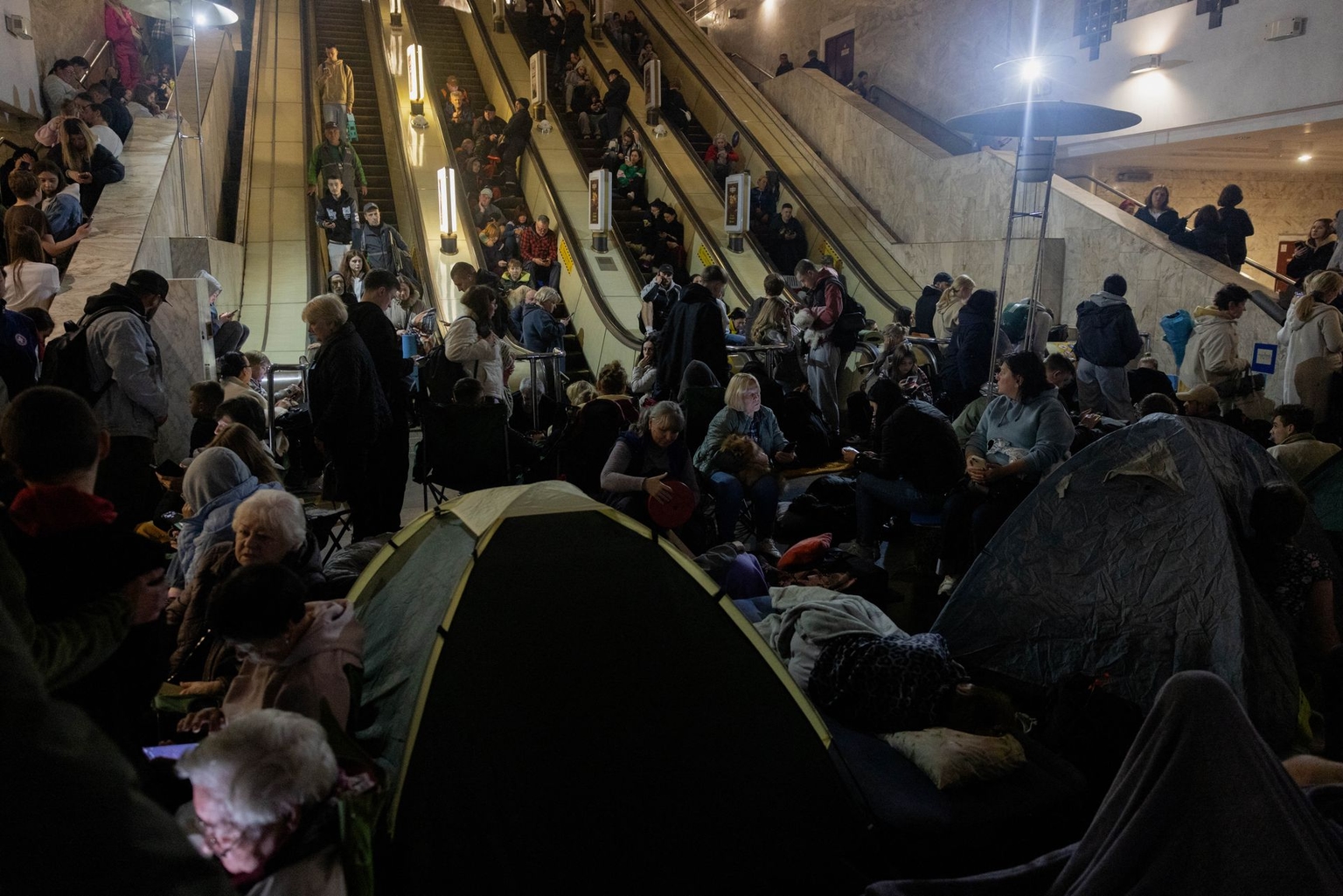 People take shelter at a metro station during an air raid alarm in Kyiv, Ukraine, on June 2, 2026.