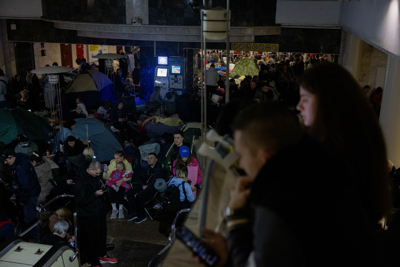 People take shelter at a metro station during an air raid alert in Kyiv, Ukraine, on June 2, 2026.