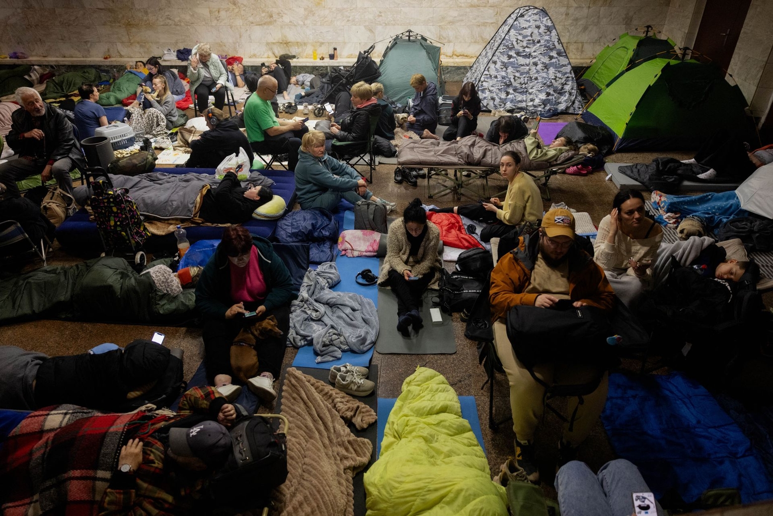 People take shelter at a metro station during an air alarm in Kyiv, Ukraine, on June 2, 2026.