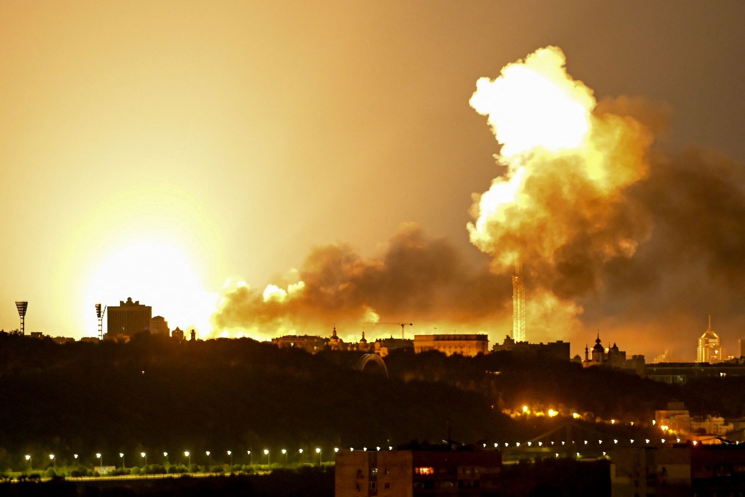 An explosion during Russian drone and missile attacks in Kyiv, Ukraine, on June 2, 2026.