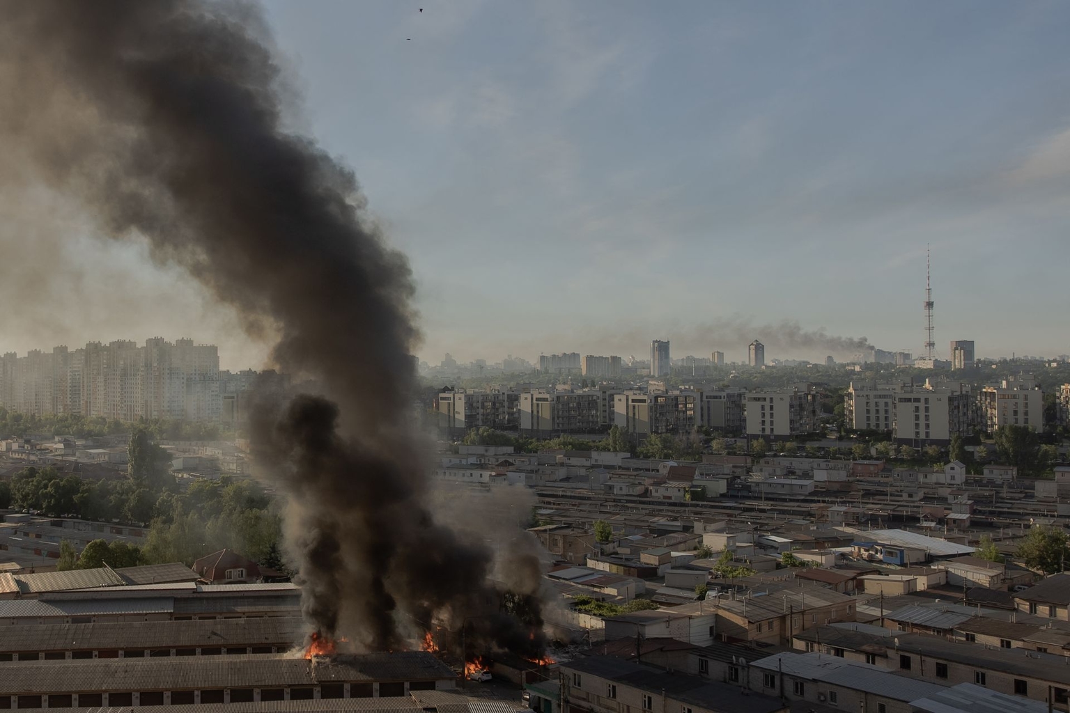 Smoke rises from multiple sites damaged during Russian missile and drone strikes in Kyiv, Ukraine, on June 2, 2026.