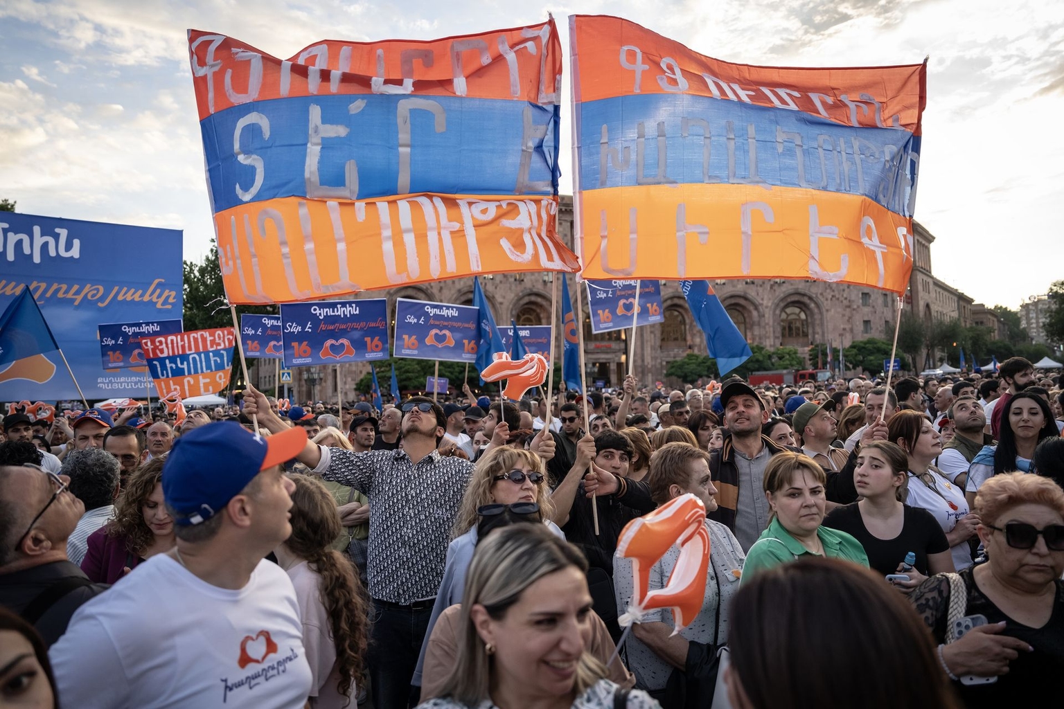 People attend a political rally as Armenian Prime Minister Nikol Pashinyan addresses supporters at Republic Square in Yerevan, Armenia, on June 5, 2026.