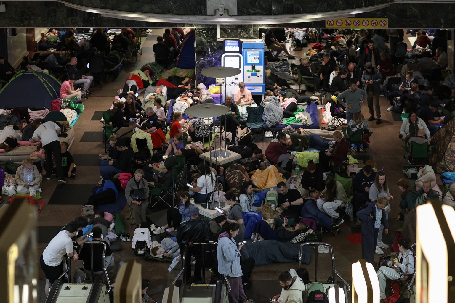 People shelter in a metro station during a Russian missile strike on Kyiv, Ukraine, on June 15, 2026.