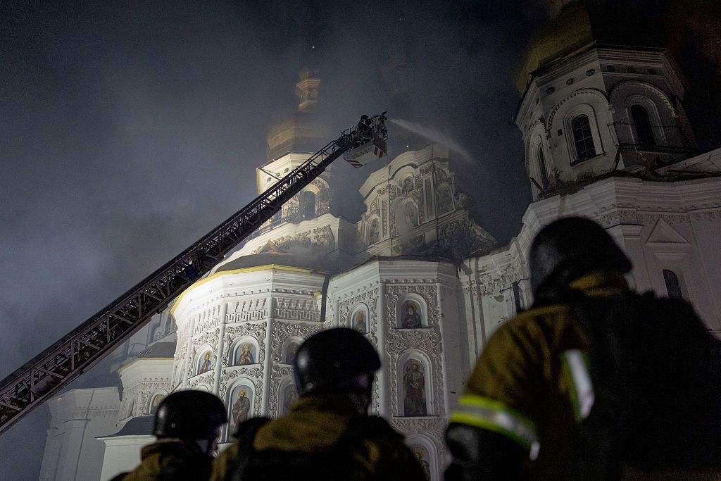 A view of the historic Kyiv Pechersk Lavra following a massive overnight Russian missile and drone attack on Kyiv, Ukraine, on June 15, 2026.