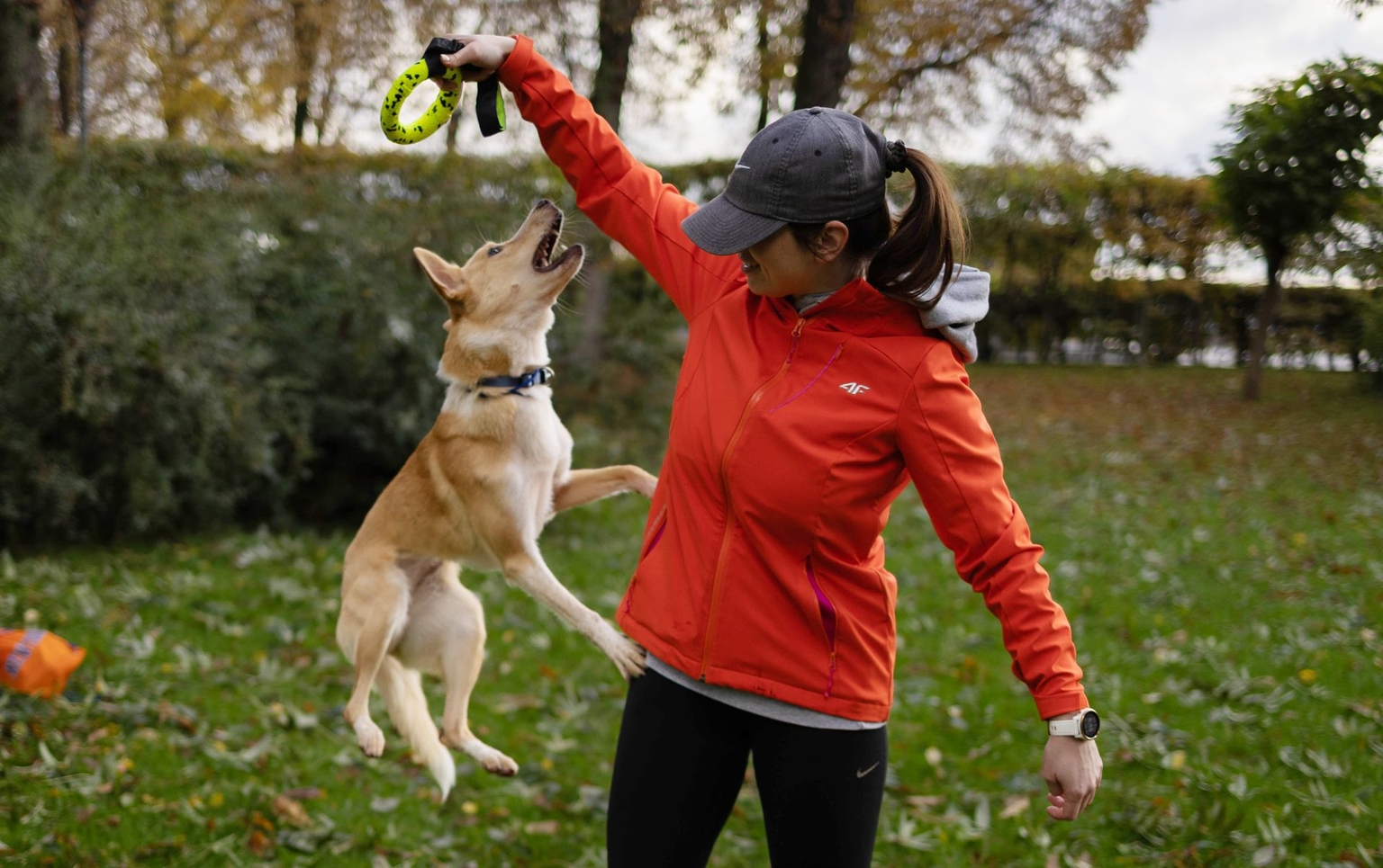 Kateryna Hodunova plays with her rescued dog Fasolia from Pokrovsk, Donetsk Oblast, in Kyiv, Ukraine, on Oct. 12, 2025.