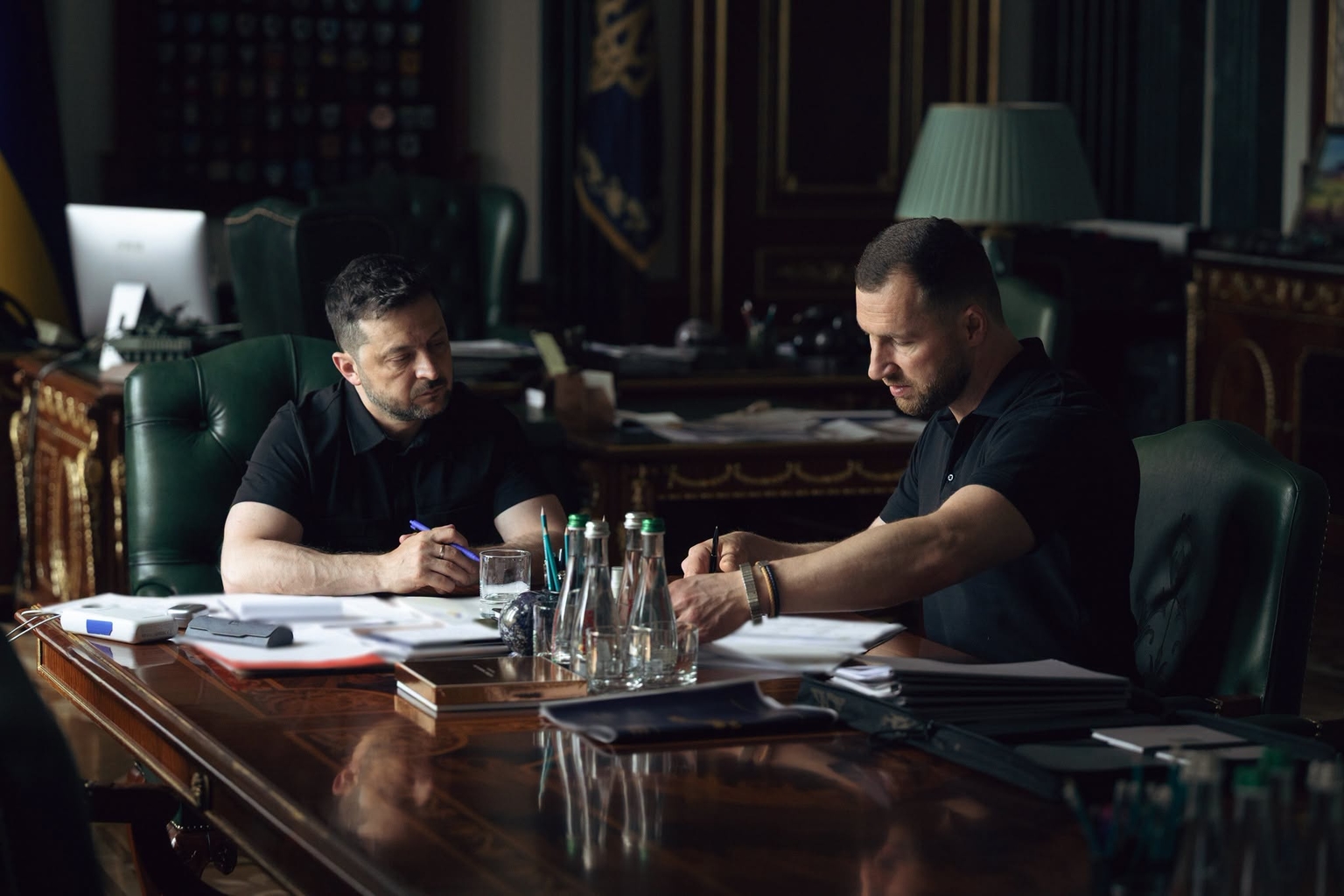 President Volodymyr Zelensky (L) meets with Yevhenii Khmara (R), acting head of the SBU, in Kyiv, Ukraine on June 25, 2026.