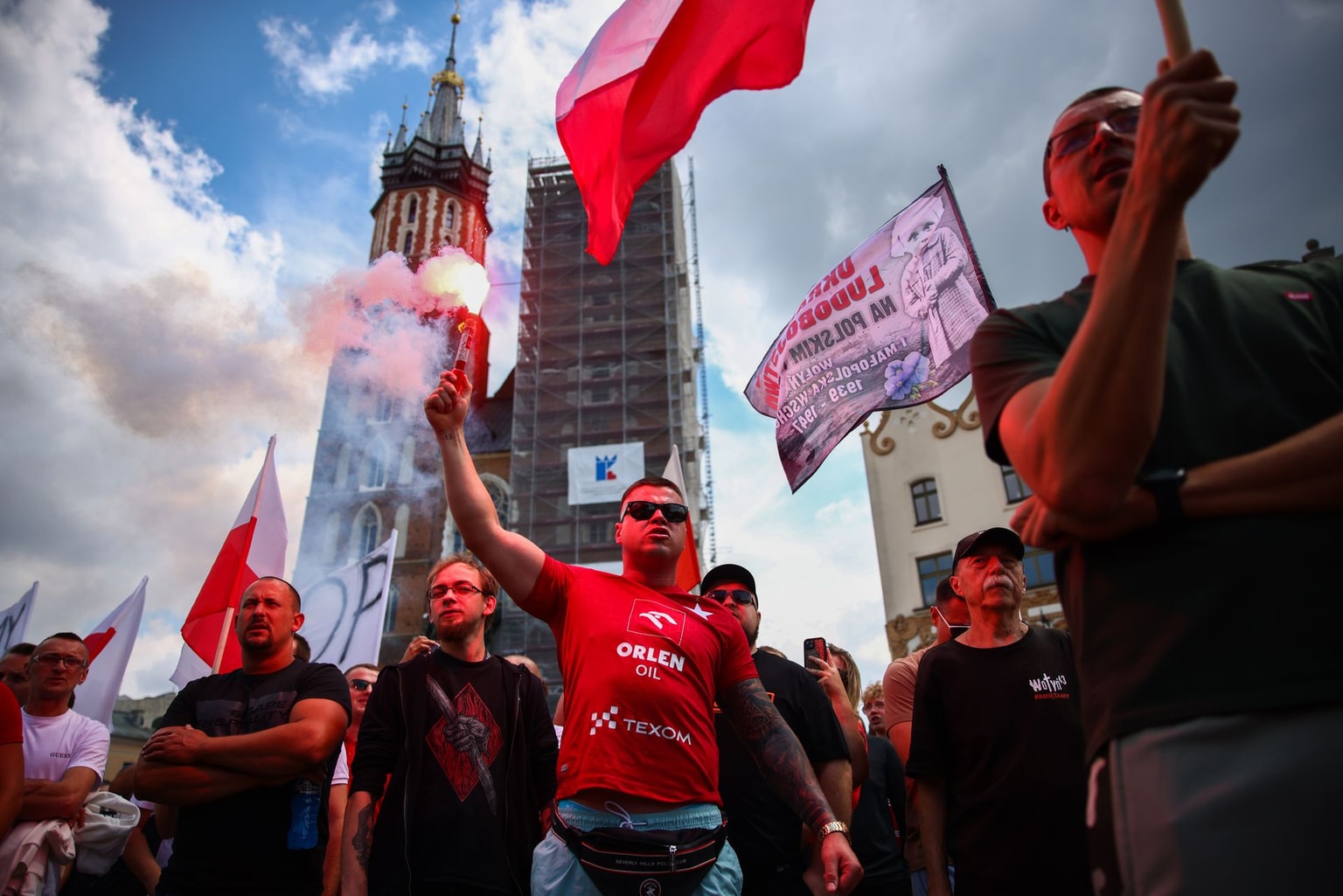 An anti-immigration protest at the Main Square in Krakow, Poland, on July 19, 2025.