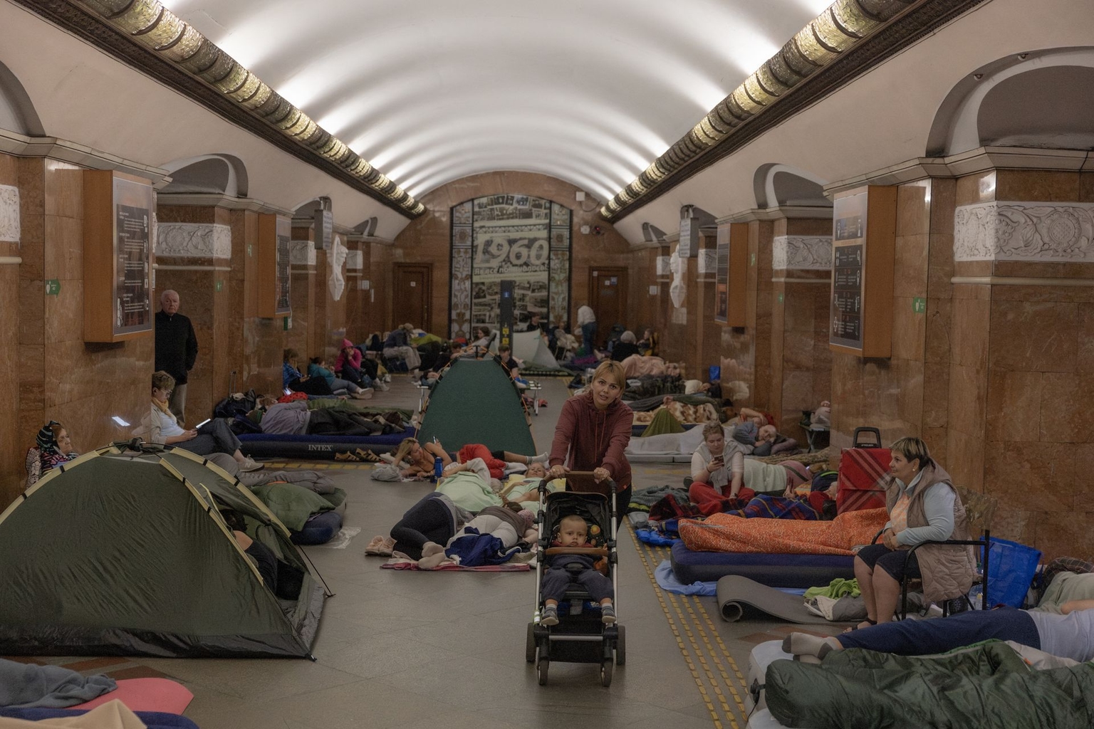 People take shelter at a metro station during Russian air attacks on Kyiv, Ukraine, early on July 2, 2026.