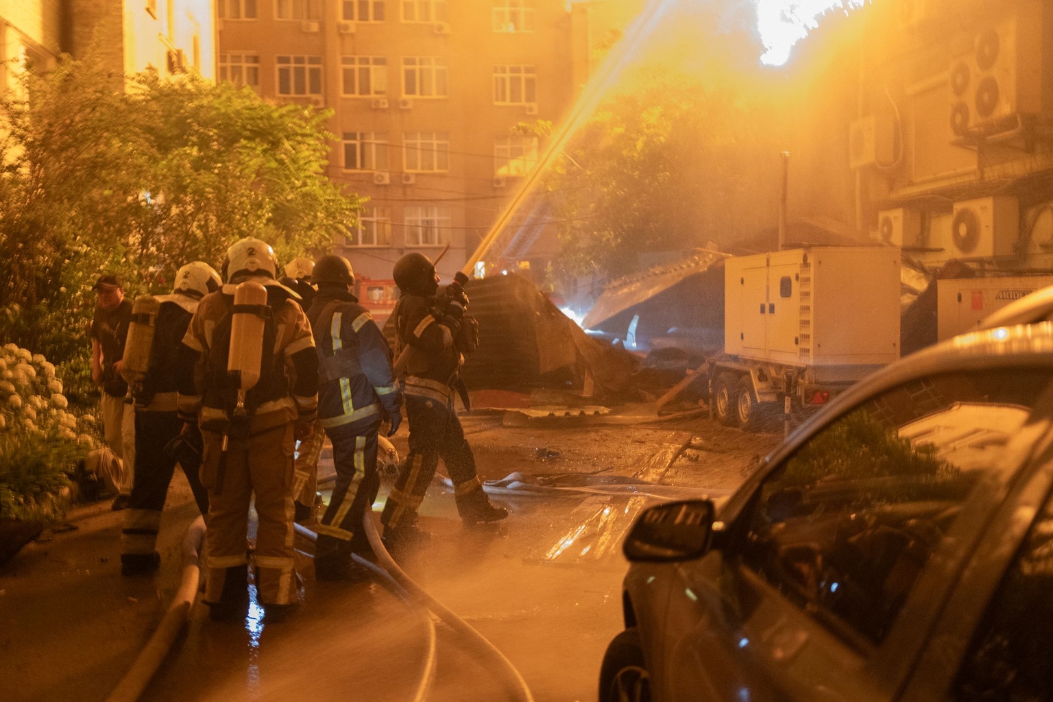 Ukrainian firefighters battle a fire in a building previously hit during a Russian air attack on Kyiv, Ukraine, early on July 2, 2026.