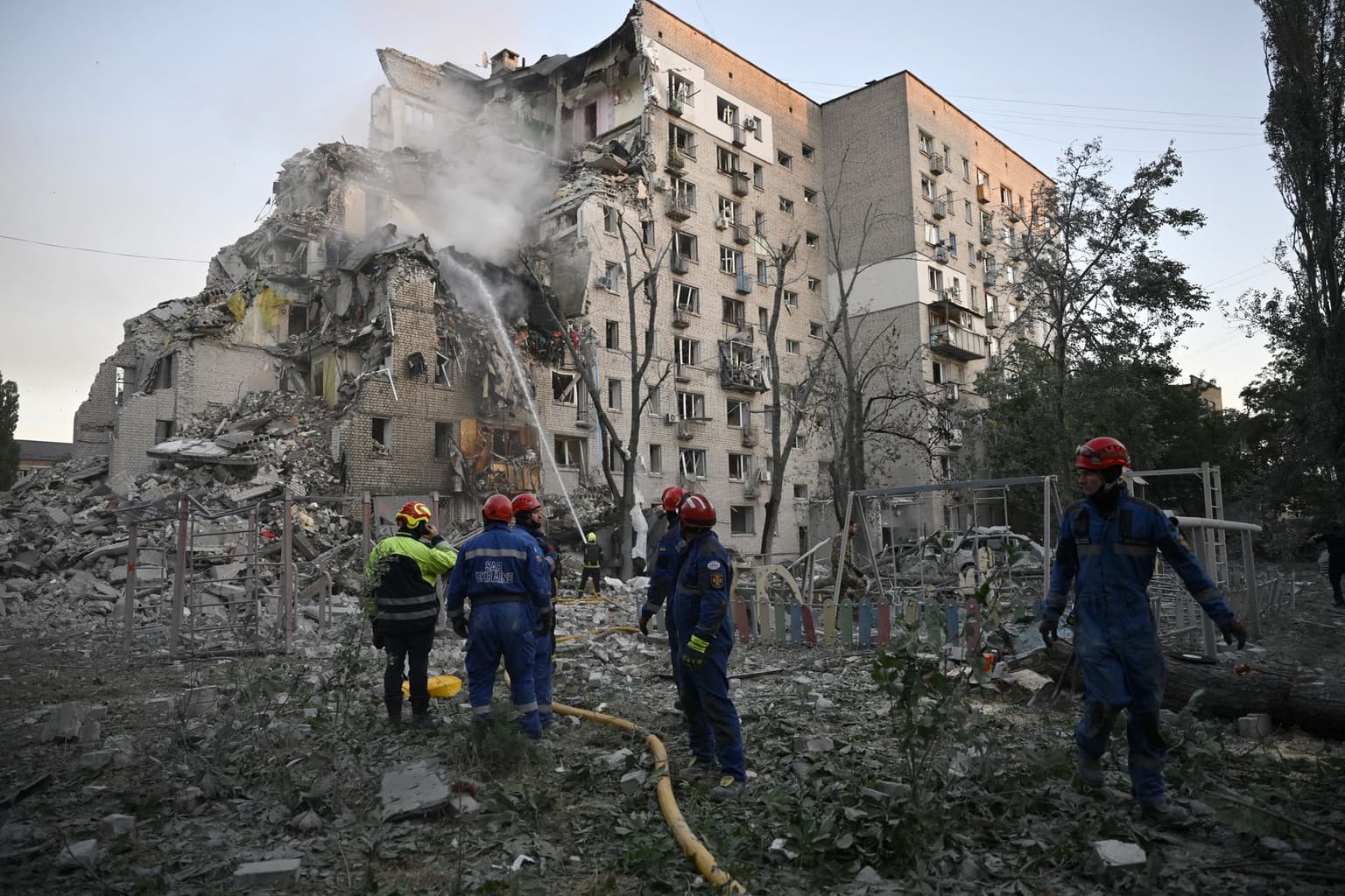 damaged residential building following Russian missile strikes in Kyiv, Ukraine, on July 2, 2026.