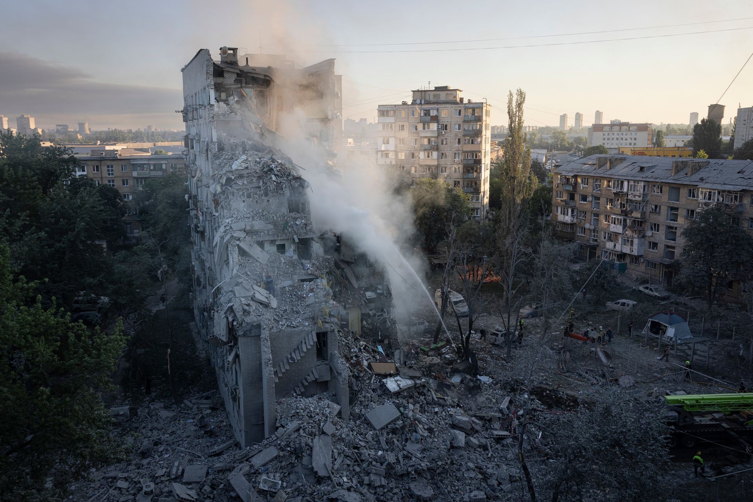 A destroyed building in the aftermath of a Russian drone and missile attack in Kyiv, Ukraine, on July 2, 2026.