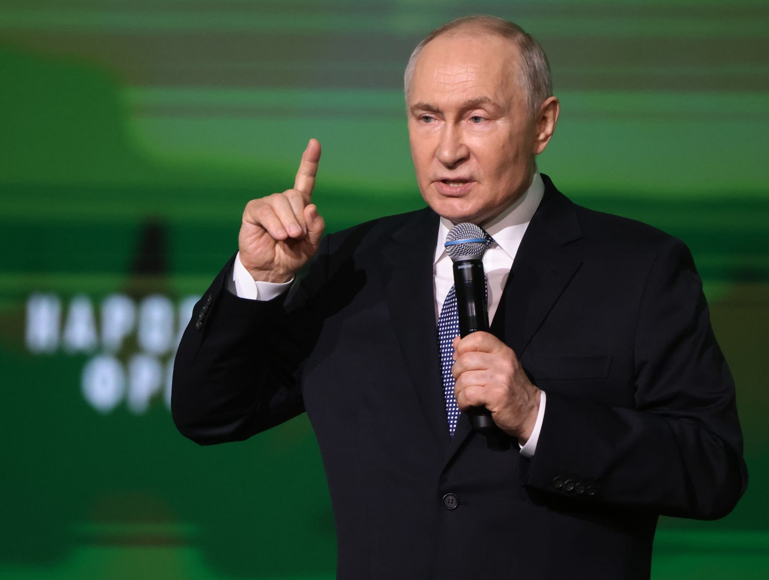 Russian President Vladimir Putin speaks to supporters during the "Everything for Victory!" Forum in Moscow, Russia, on July 13, 2026.