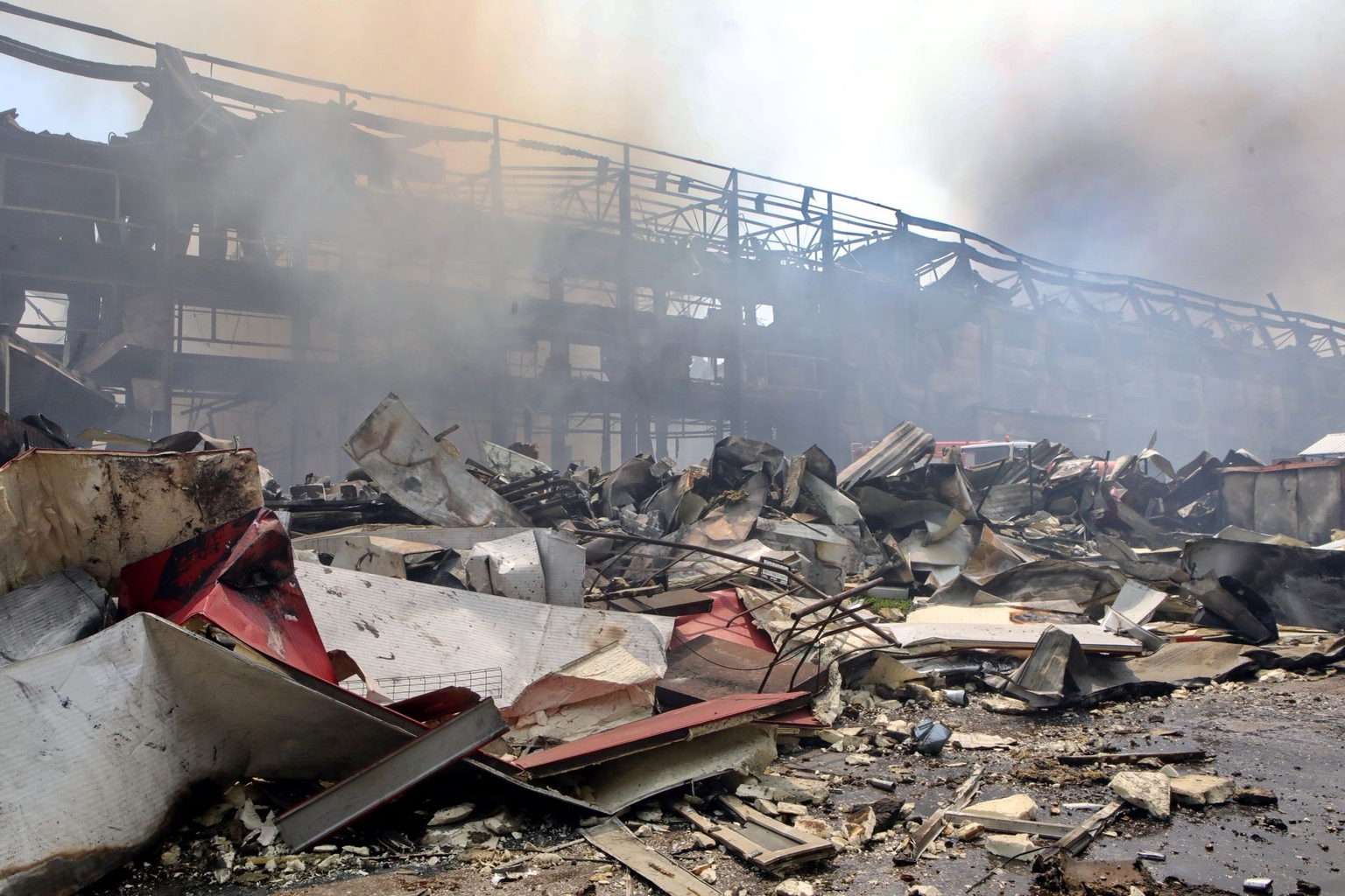 The AMTEL distribution center warehouse complex destroyed by a Russian missile strike in Kyiv Oblast, Ukraine, on July 19, 2026.