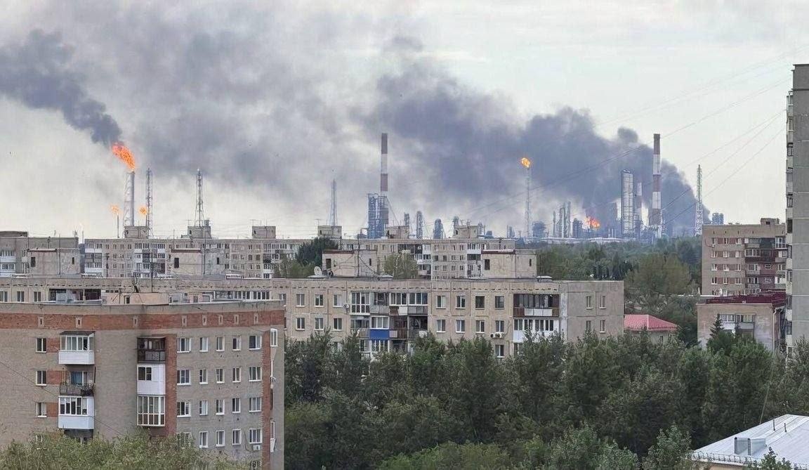 Smoke rises from the Omsk oil refinery following a Ukrainian strike in Omsk, Russia, on July 7, 2026.