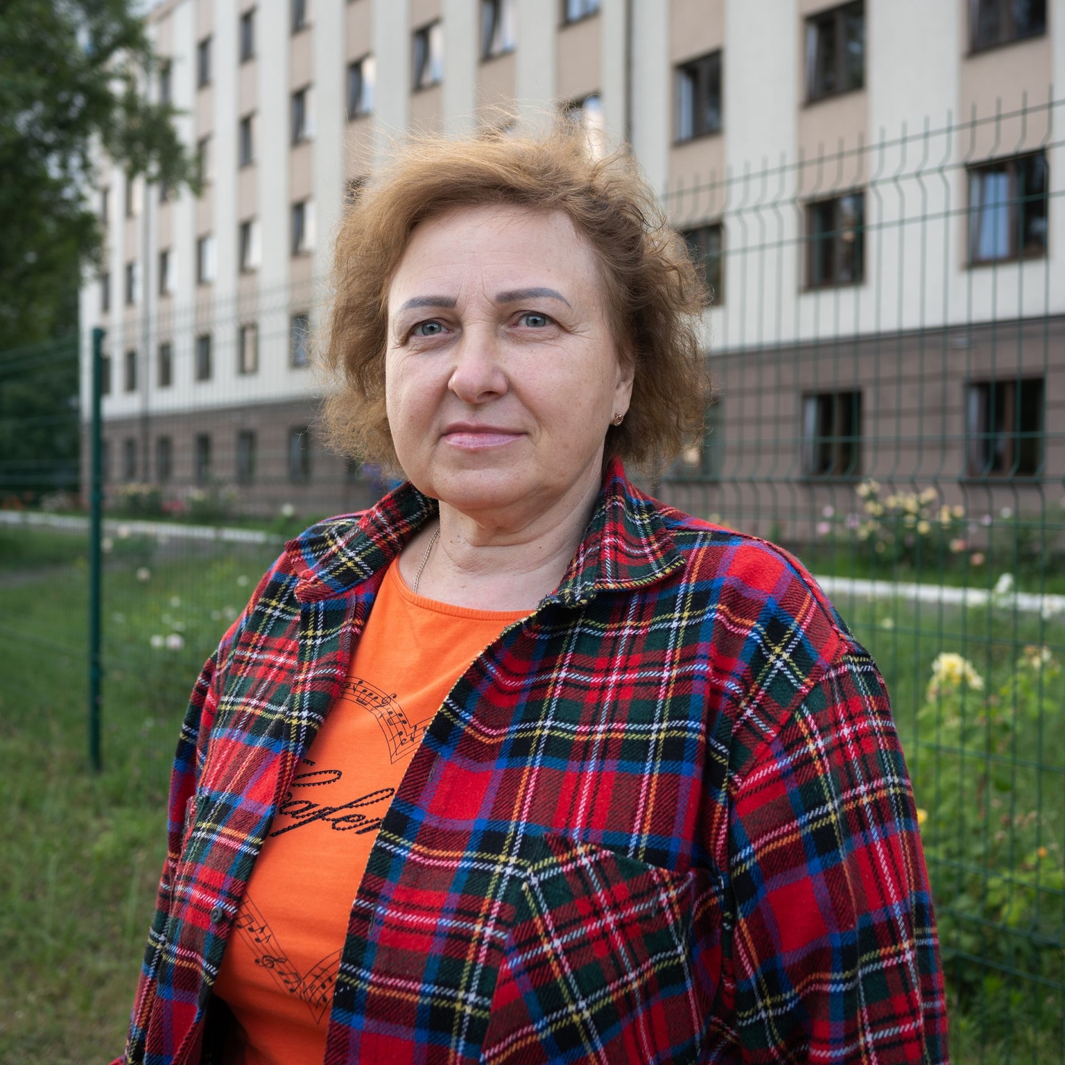 Yevgenia Denysiuk, 57, who works at the local cement plant and lives in a nearby hostel in Vyshneve, Kyiv Oblast, Ukraine, on July 6, 2026.