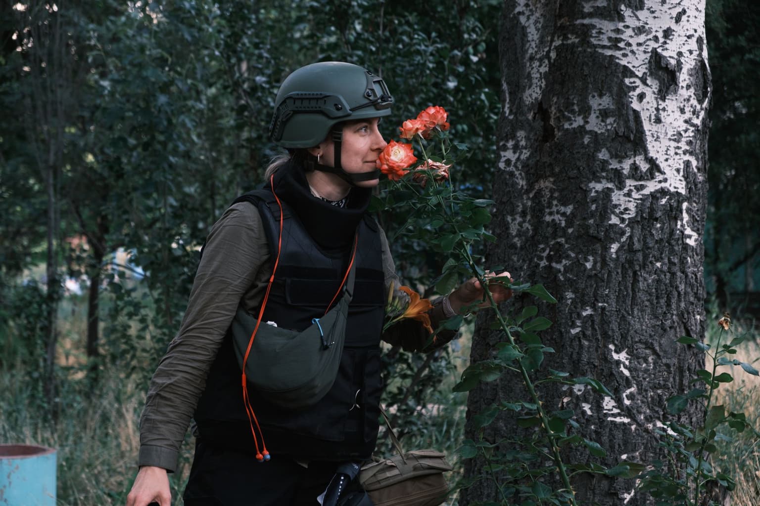 The Kyiv Independent videographer Olena Zashko in Donetsk Oblast, June 29, 2025. (Francis Farrell / The Kyiv Independent)