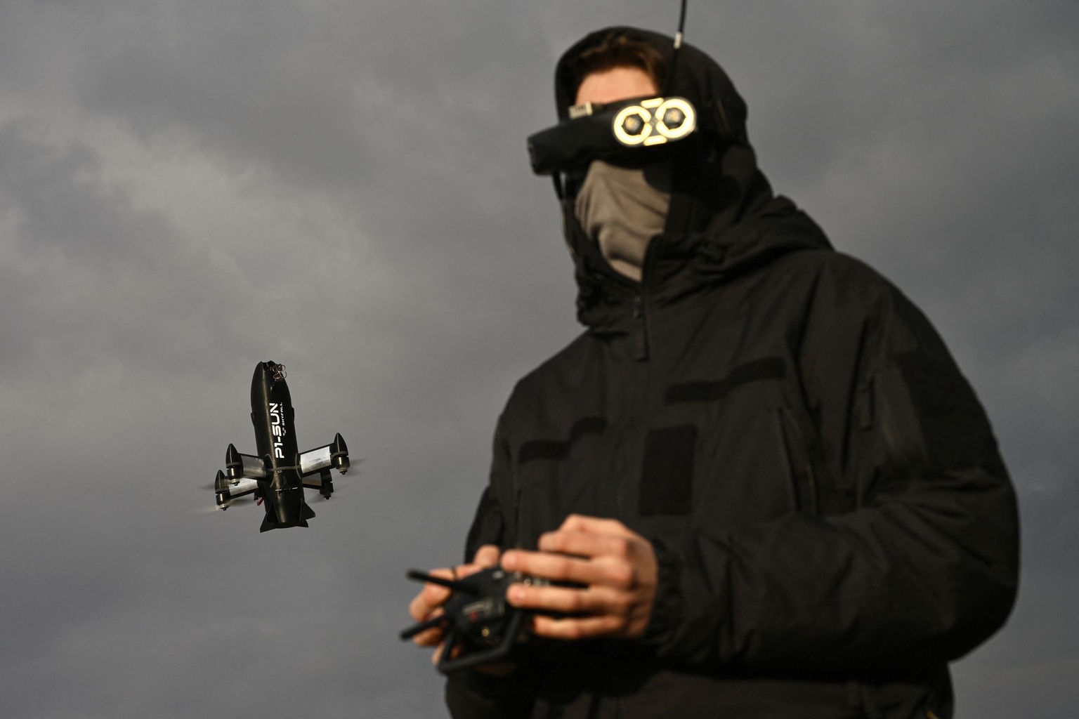 A SkyFall employee conducts a test flight with a P1-Sun interceptor drone in Ukraine on March 19, 2026.