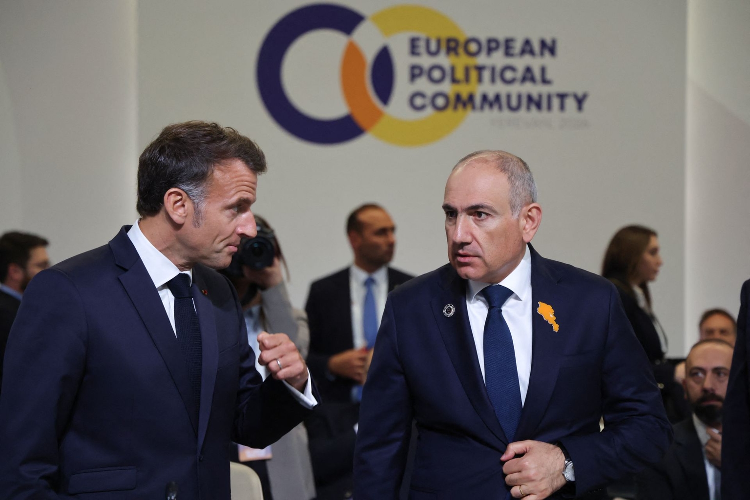 Macron and Pashinyan attend a summit session in Yerevan, Armenia, on May 4, 2026.
