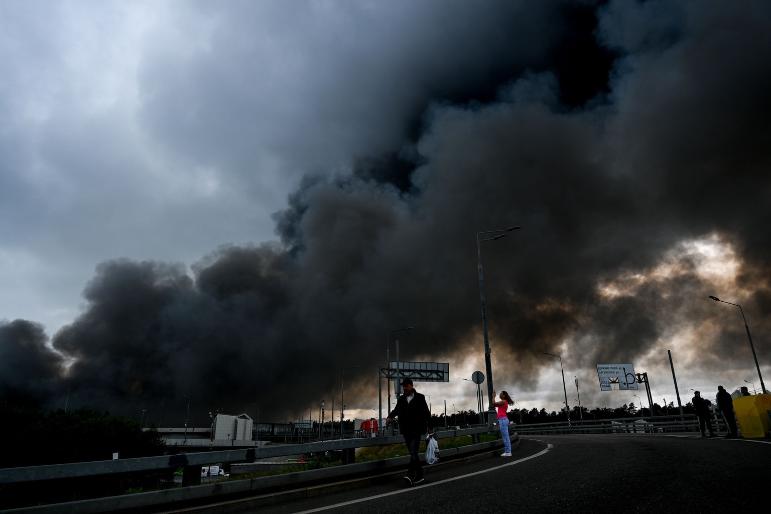 Black smoke rises from the Moscow Oil Refinery in Moscow, Russia, on June 18, 2026.