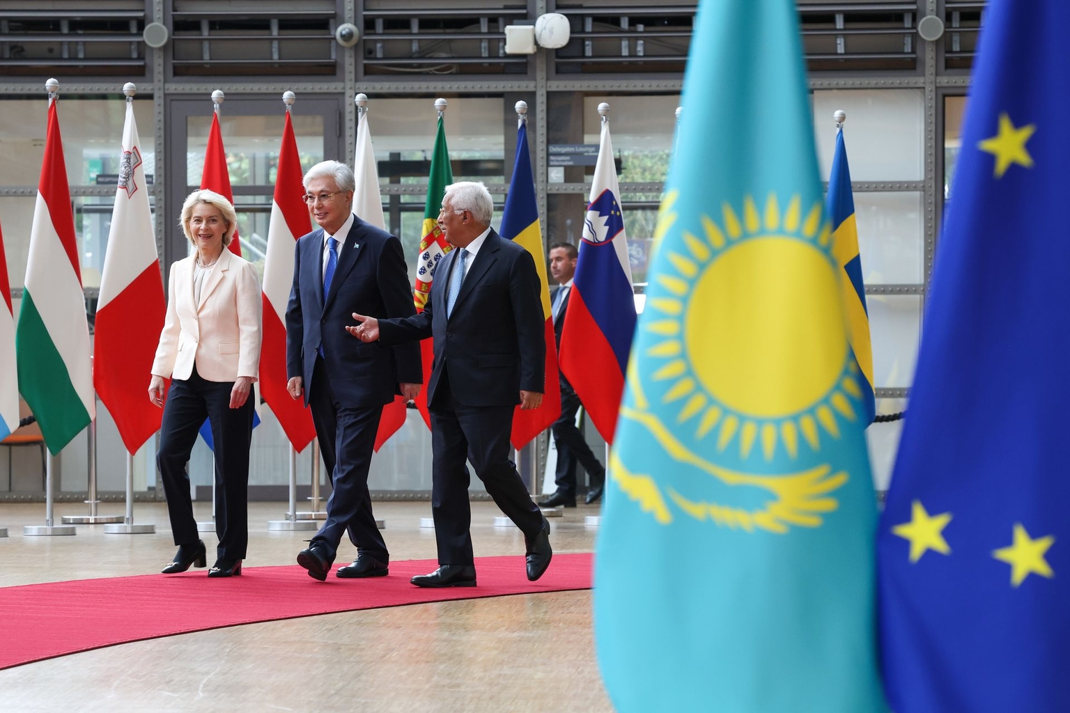 Tokayev, Ursula von der Leyen and Costa attend an EU-Kazakhstan session in Brussels on June 23, 2026.
